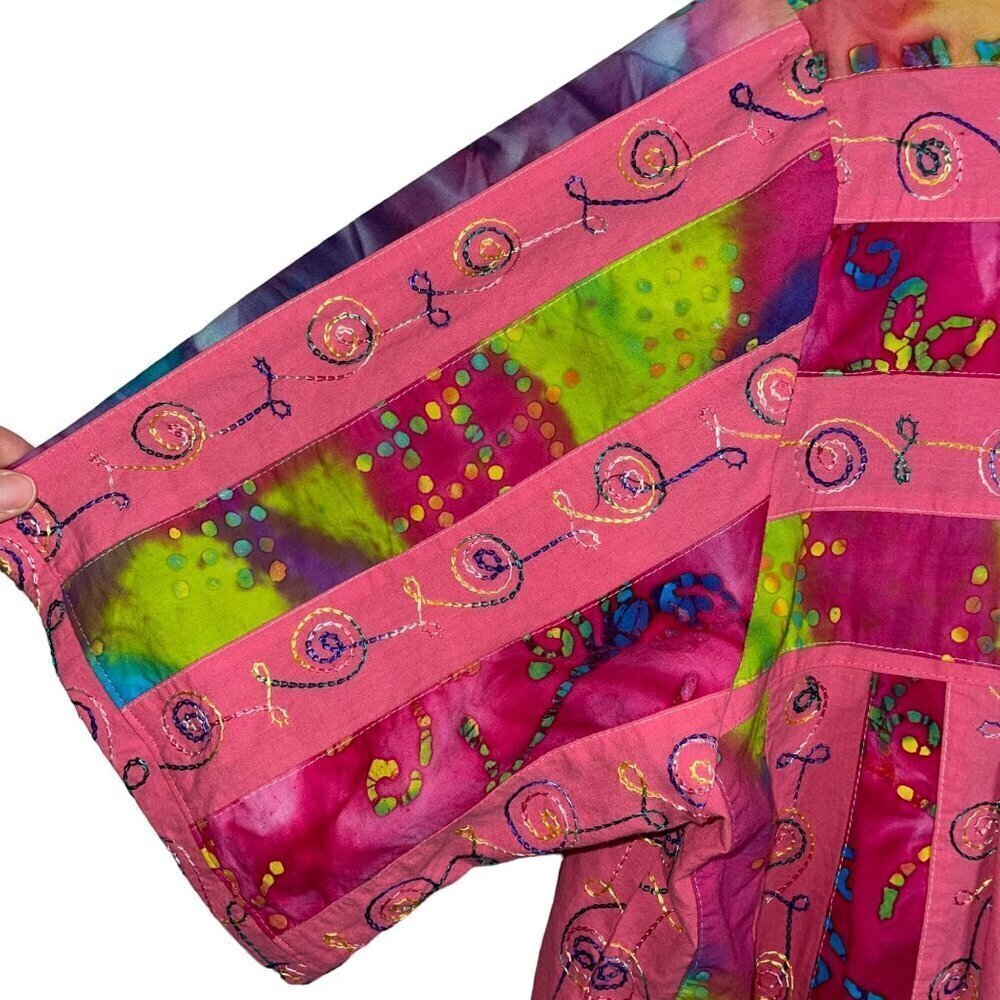 Vintage Womens Dress Size Large Pink Tie Dye Embroidered Patchwork Midi - Picture 4 of 10